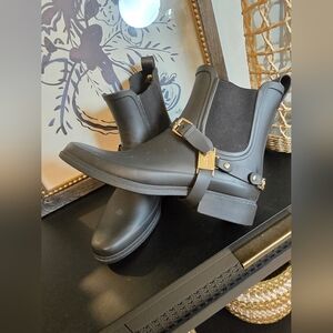 Karl Lagerfeld Lavali Rubbee Black Ankle Rain Boots with Gold Accents 8